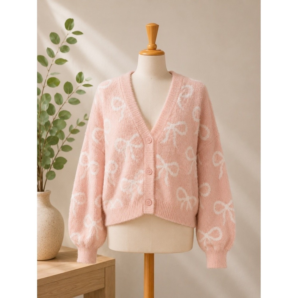 Madden Girl Pink Bow Pattern Fuzzy V-Neck Cardigan